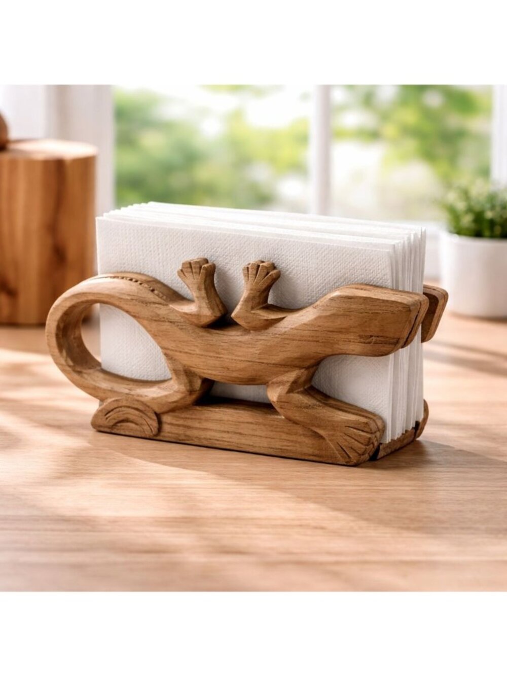 Hand-Carved Wooden Gecko Napkin Holder For Rustic Table Decor 9.5"‎ x 3.5" x 2"